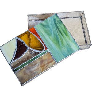 Vtg Stained Glass Trinket Box With Artistic Multicolor Lid & Clear Textured Base
